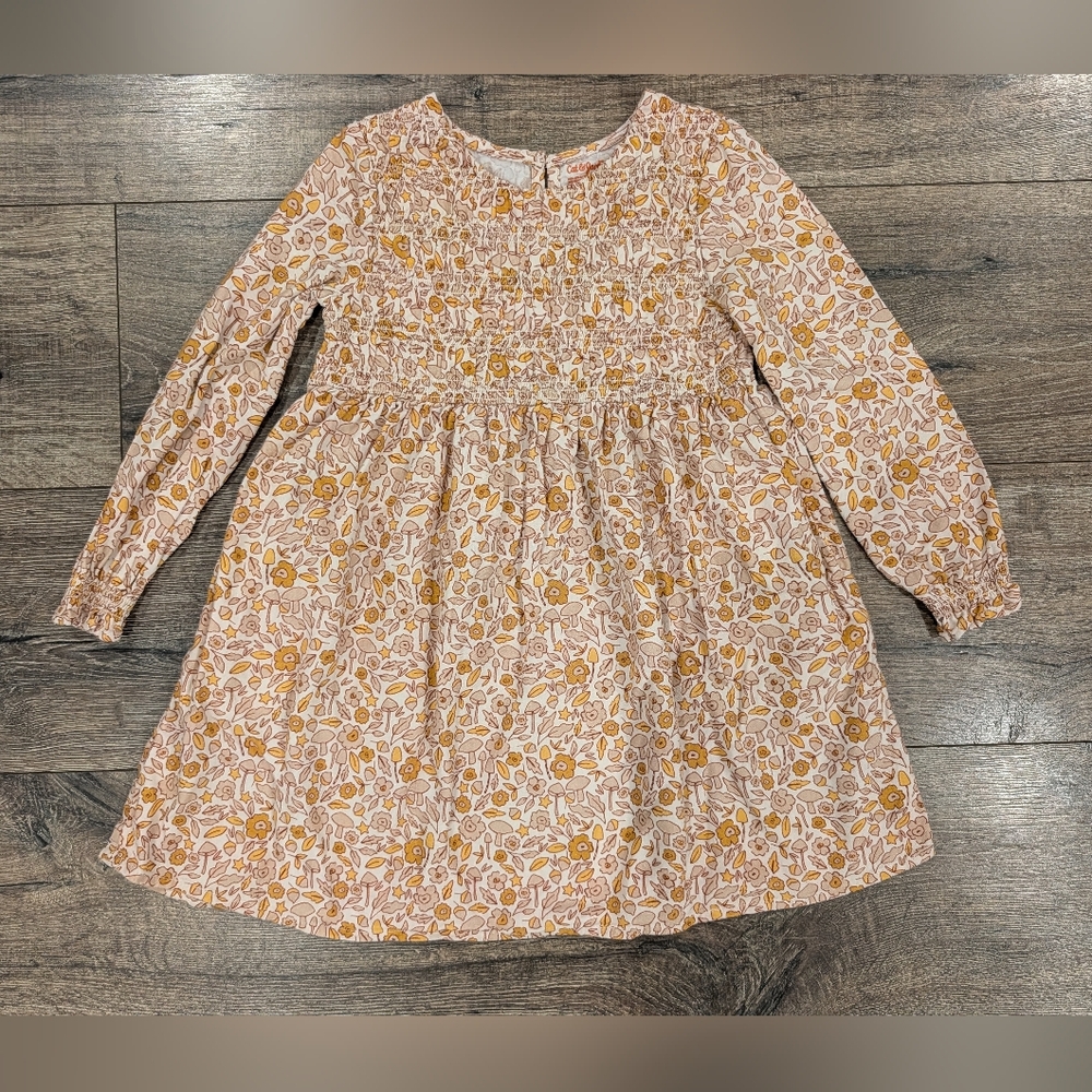 Cat & Jack 5T Floral Smocked Long-Sleeve Dress Pockets Girls Neutral Tan Cream
